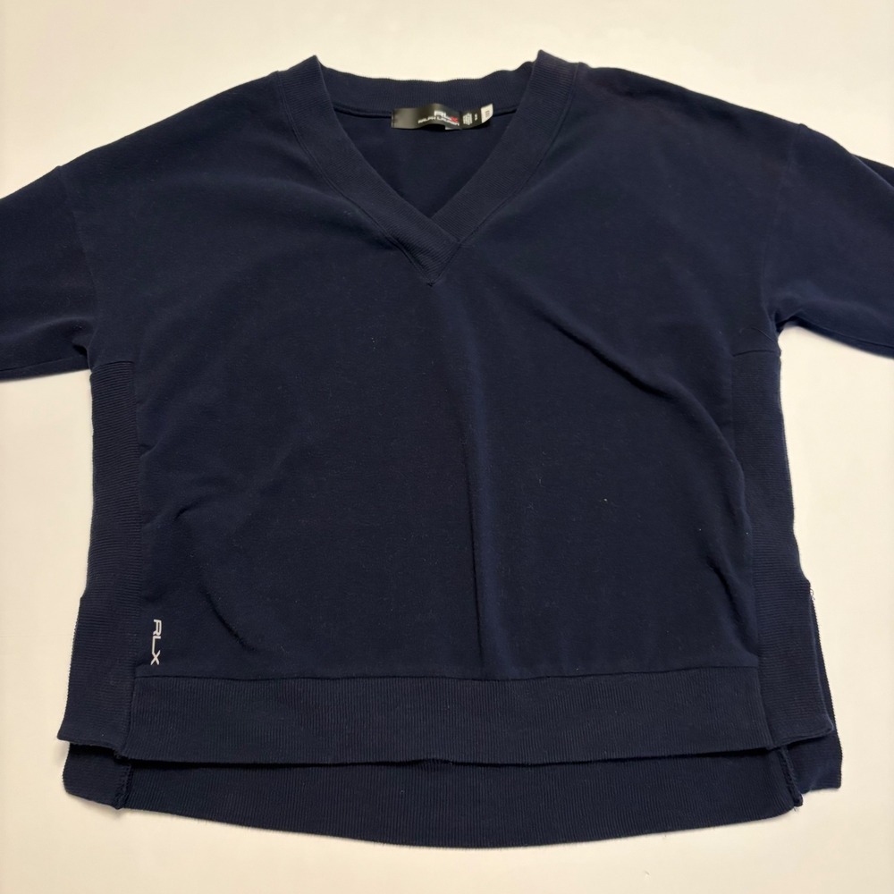 RLX Ralph Lauren Pullover Women S Navy V-Neck Ribbed Panel High-Low Top